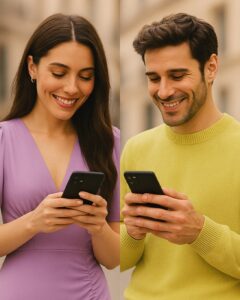 Smiling couple texting each other